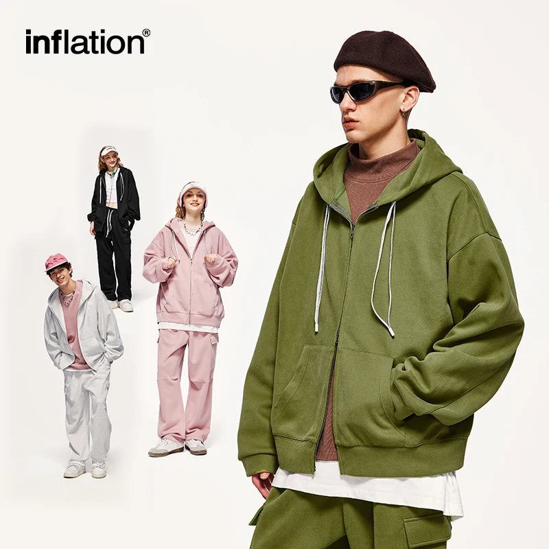 INFLATION Pink Double Zip Up Hoodies Jacket Unisex 2023 Trendy Comfortable Oversized Hoodies Mens Jacket