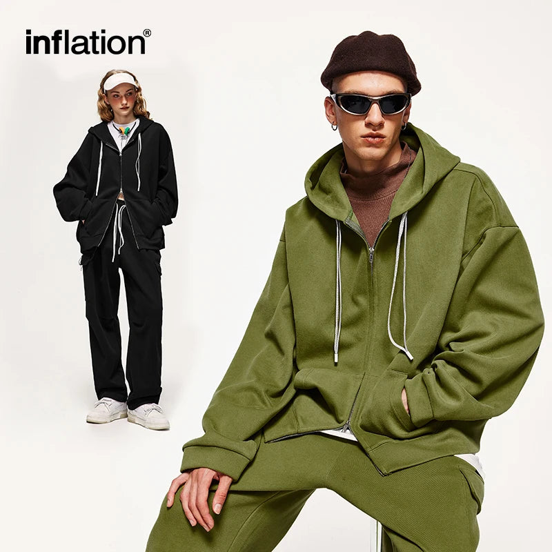 INFLATION Pink Double Zip Up Hoodies Jacket Unisex 2023 Trendy Comfortable Oversized Hoodies Mens Jacket