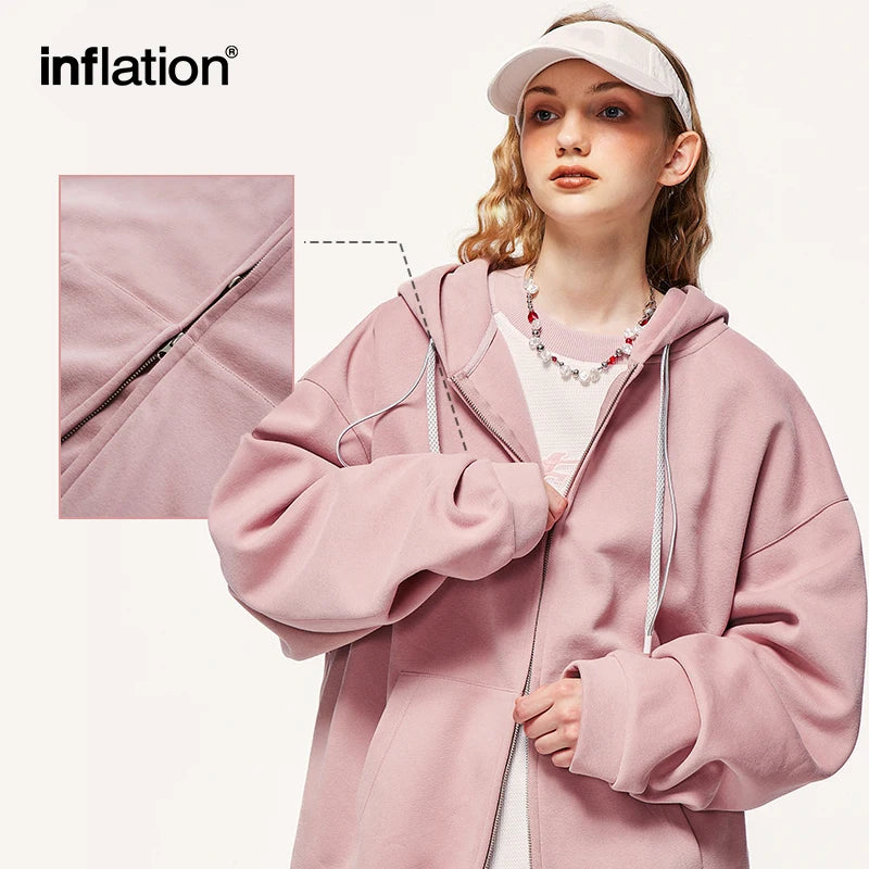 INFLATION Pink Double Zip Up Hoodies Jacket Unisex 2023 Trendy Comfortable Oversized Hoodies Mens Jacket