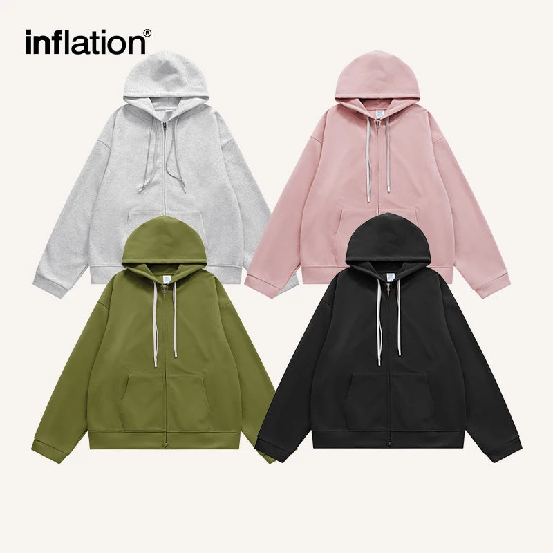 INFLATION Pink Double Zip Up Hoodies Jacket Unisex 2023 Trendy Comfortable Oversized Hoodies Mens Jacket