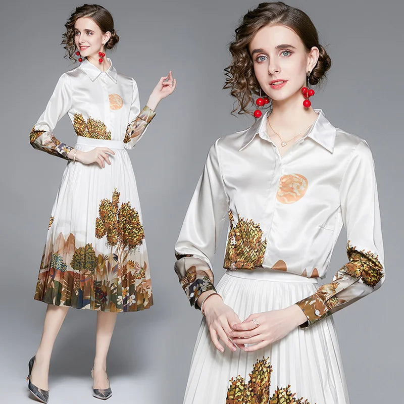 Designer Runway Jungle Print Silk Satin Two Piece Set 2021 Autumn Long Sleeve Buttons Shirt Top+Elegant Midi Pleated Skirt Suit