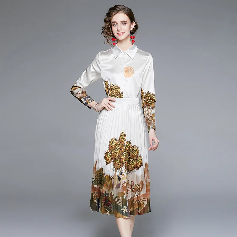 Designer Runway Jungle Print Silk Satin Two Piece Set 2021 Autumn Long Sleeve Buttons Shirt Top+Elegant Midi Pleated Skirt Suit