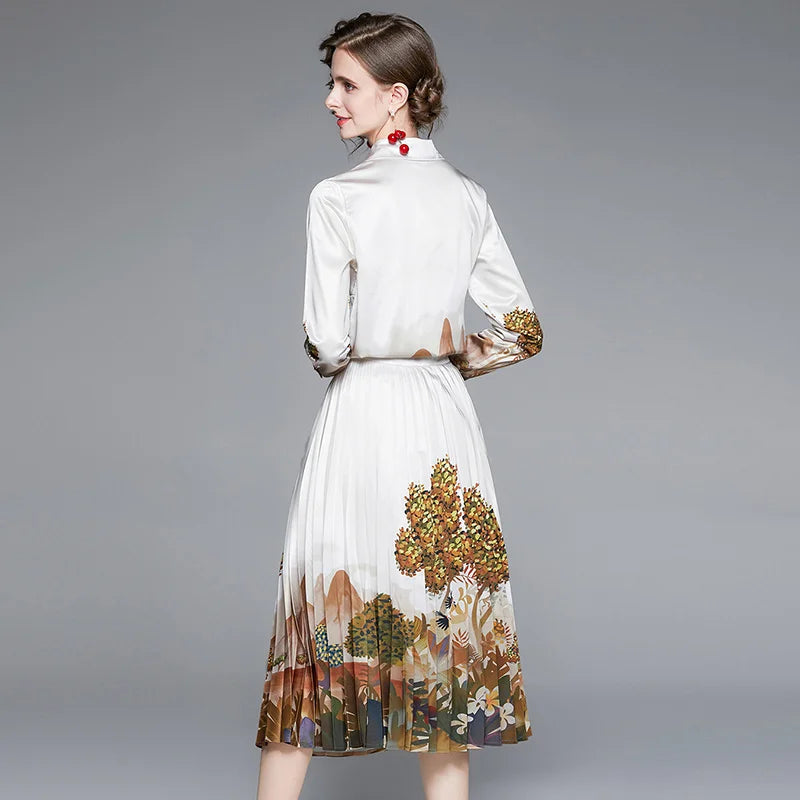 Designer Runway Jungle Print Silk Satin Two Piece Set 2021 Autumn Long Sleeve Buttons Shirt Top+Elegant Midi Pleated Skirt Suit