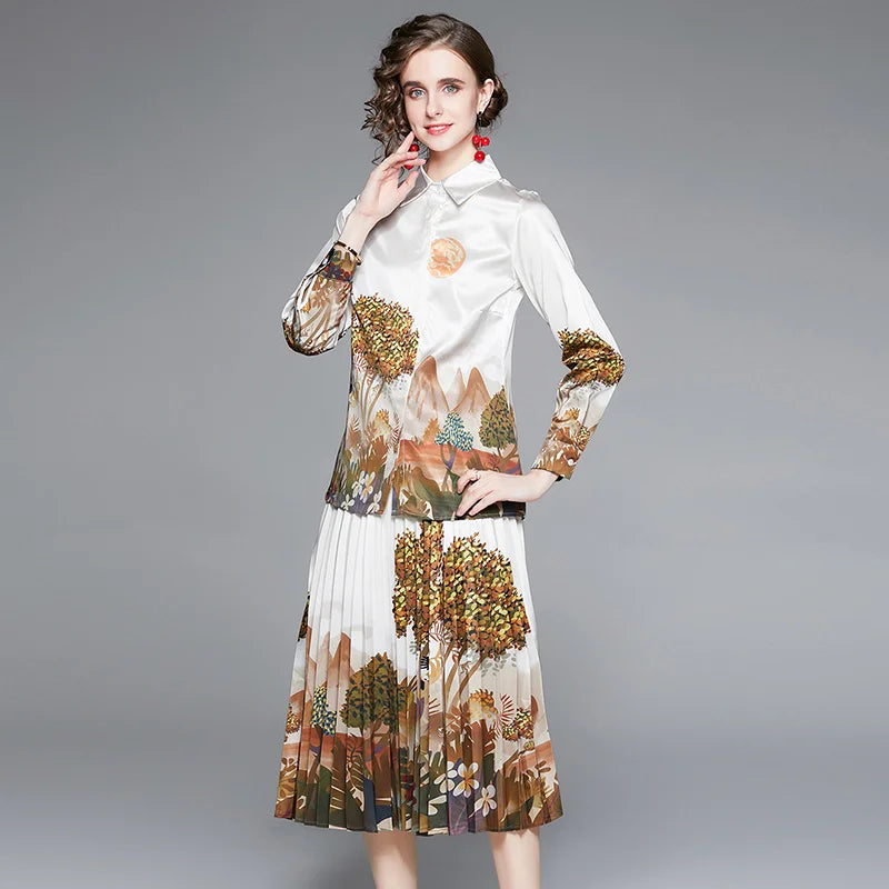 Designer Runway Jungle Print Silk Satin Two Piece Set 2021 Autumn Long Sleeve Buttons Shirt Top+Elegant Midi Pleated Skirt Suit