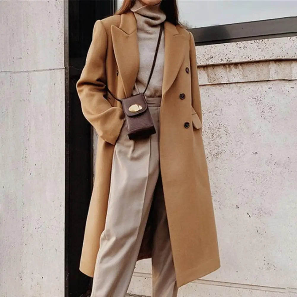 Lapel Double Breasted Woolen Suit Jacket Women Long Sleeve Solid Color Long Woolen Elegant Coat Female Clothing