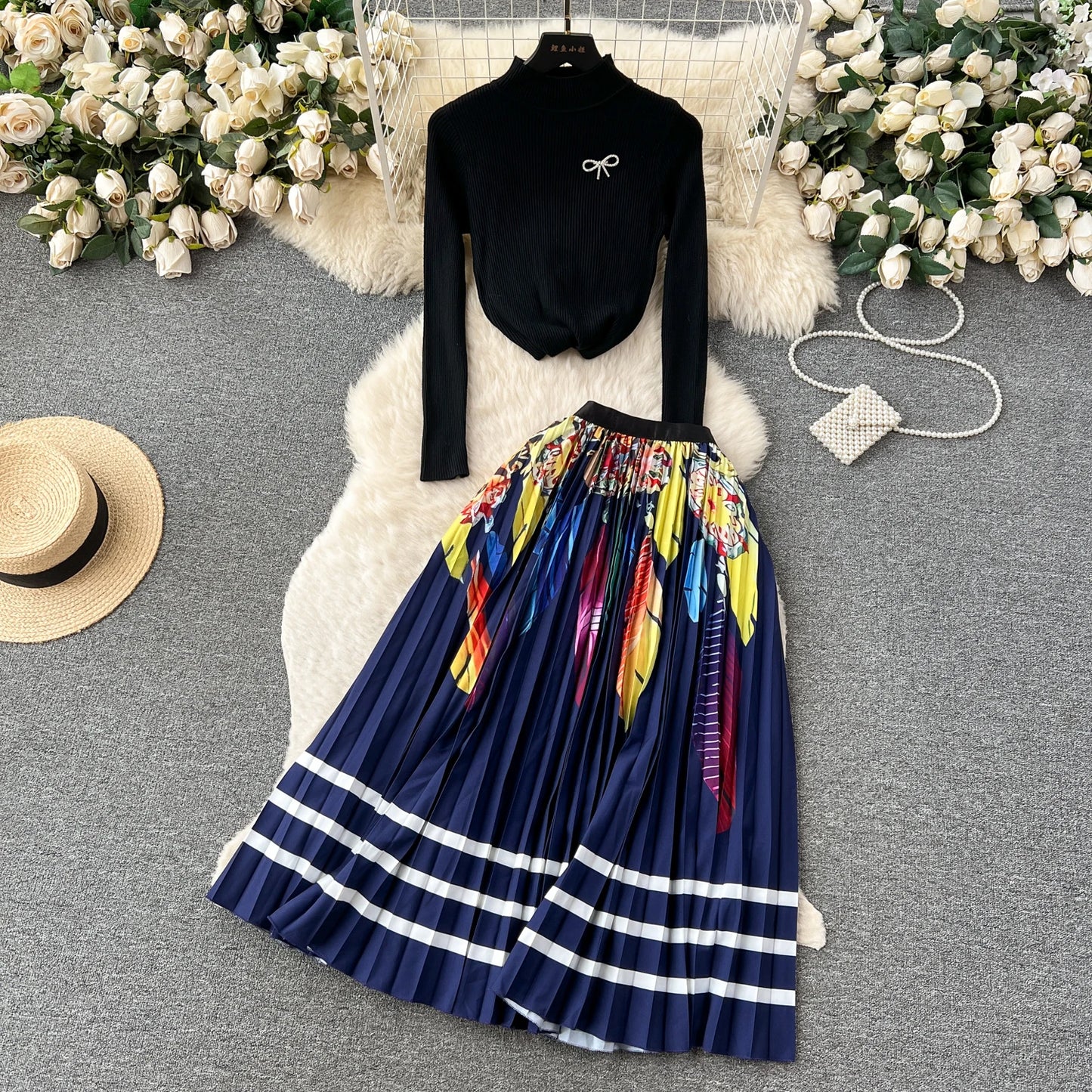 New Fashion Knitted Two Piece Set Women's Autumn Knitwear Oullover Tops+High Waist Print Pleated Long Skirt Outfits