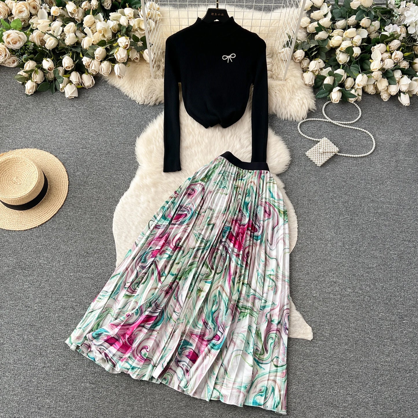 New Fashion Knitted Two Piece Set Women's Autumn Knitwear Oullover Tops+High Waist Print Pleated Long Skirt Outfits