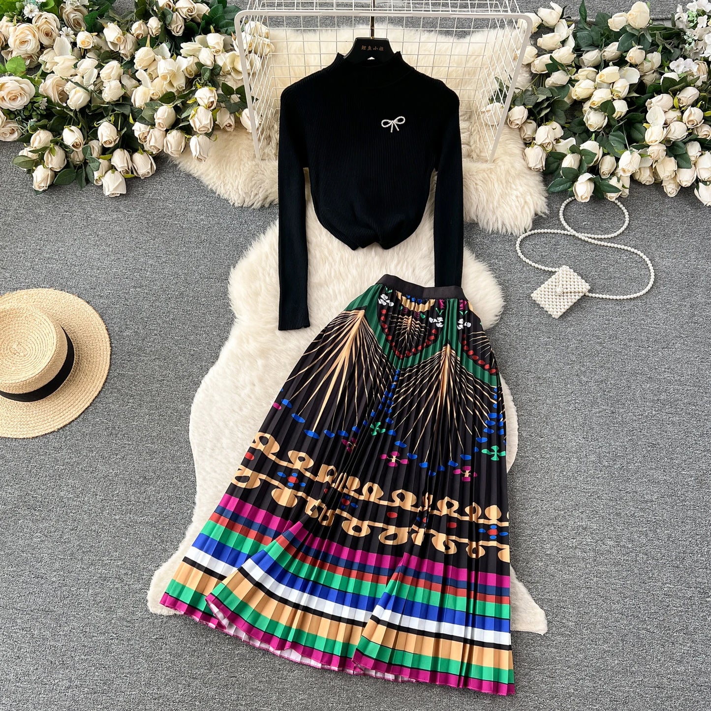 New Fashion Knitted Two Piece Set Women's Autumn Knitwear Oullover Tops+High Waist Print Pleated Long Skirt Outfits