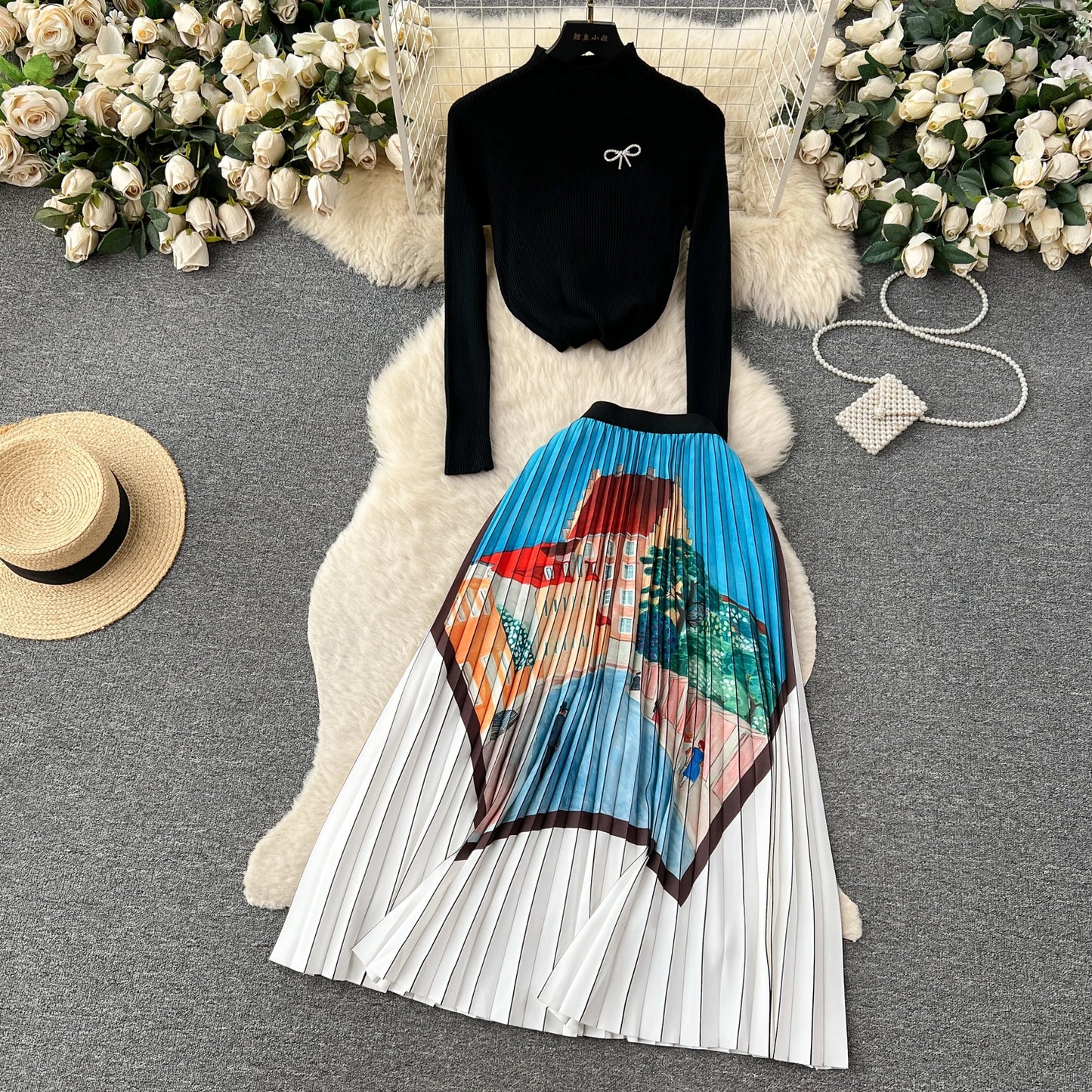 New Fashion Knitted Two Piece Set Women's Autumn Knitwear Oullover Tops+High Waist Print Pleated Long Skirt Outfits