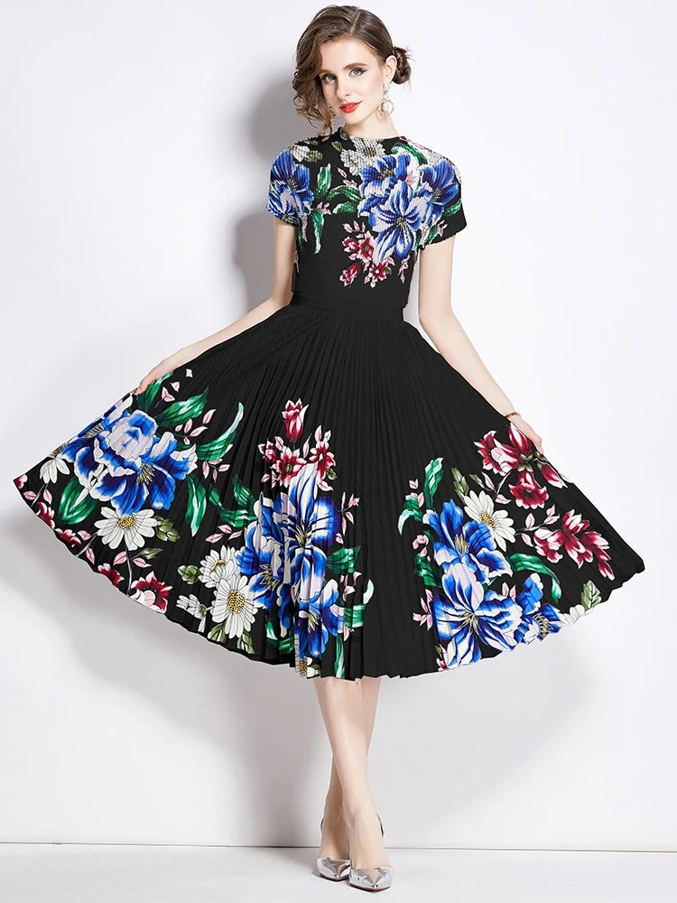 Summer Holiday Flower Print  2 Piece Set Women Miyake Short Sleeve Sretch Pullover Shirt Top+Long Pleated Skirt Chiffon Clothing