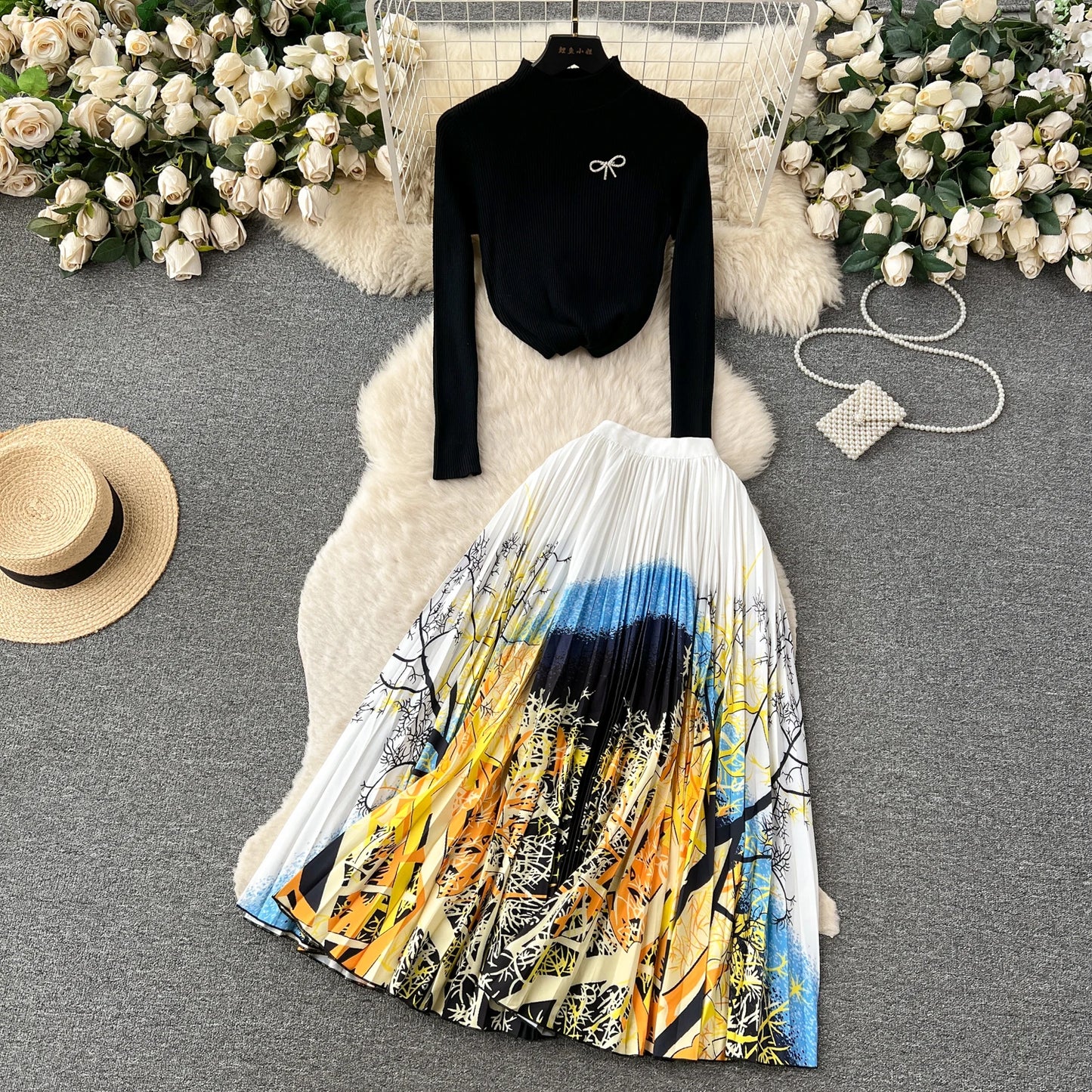 New Fashion Knitted Two Piece Set Women's Autumn Knitwear Oullover Tops+High Waist Print Pleated Long Skirt Outfits