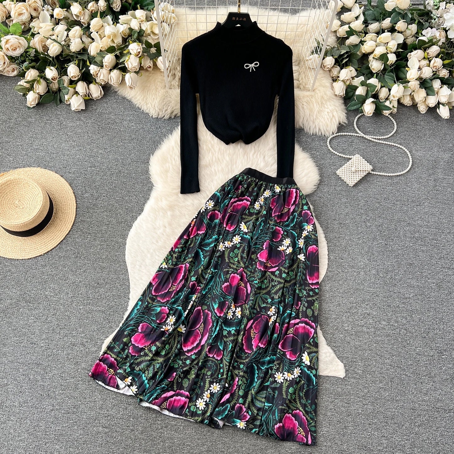 New Fashion Knitted Two Piece Set Women's Autumn Knitwear Oullover Tops+High Waist Print Pleated Long Skirt Outfits