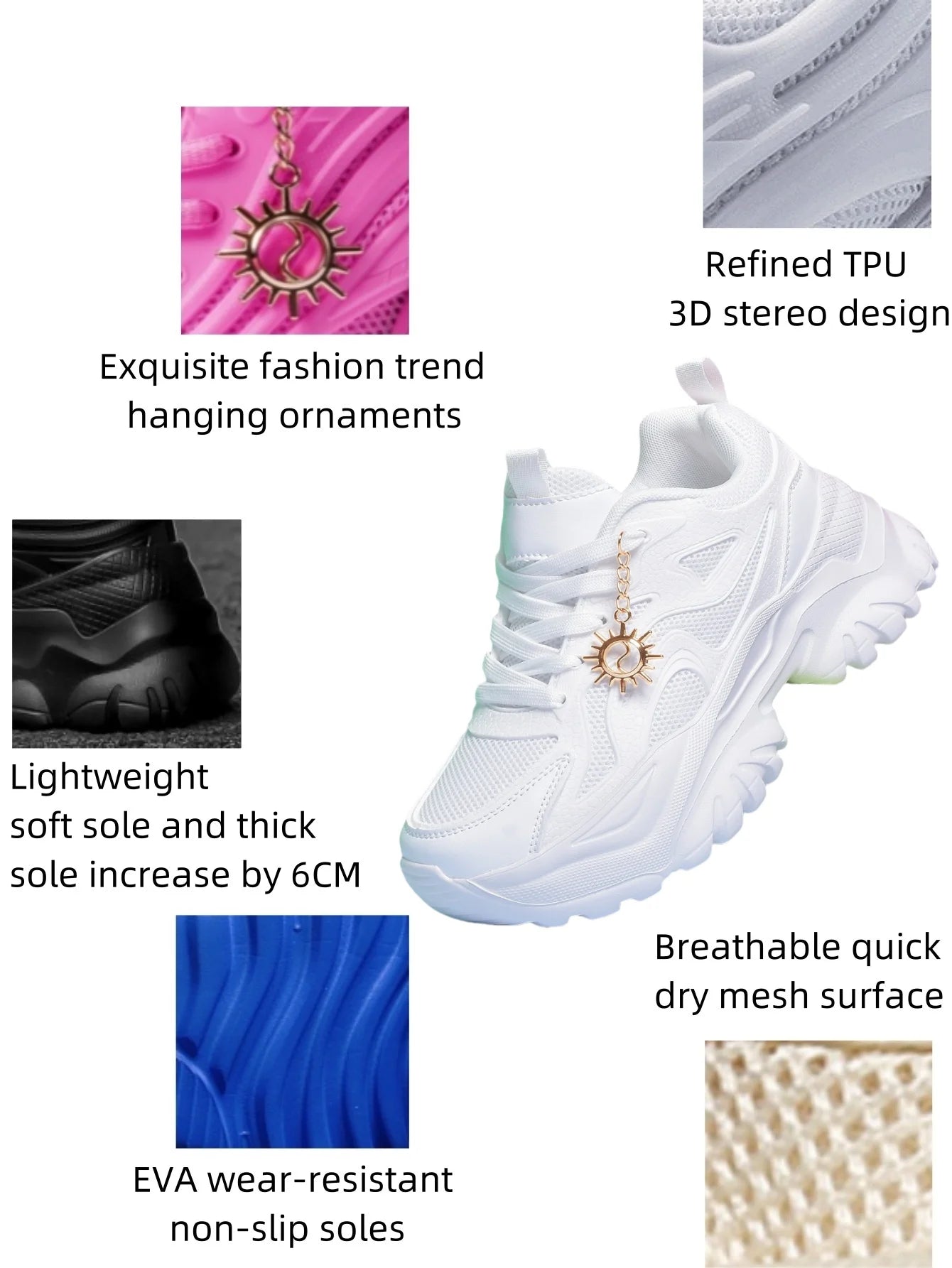 Women increase 6CM platform high heels Four seasons outdoor pure white sneakers Fashion exquisite accessories casual shoes women